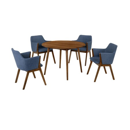 Armen Living Arcadia and Renzo 42" Round Blue and Walnut Wood 5 Piece Dining Set SETARDI5REWABLU42